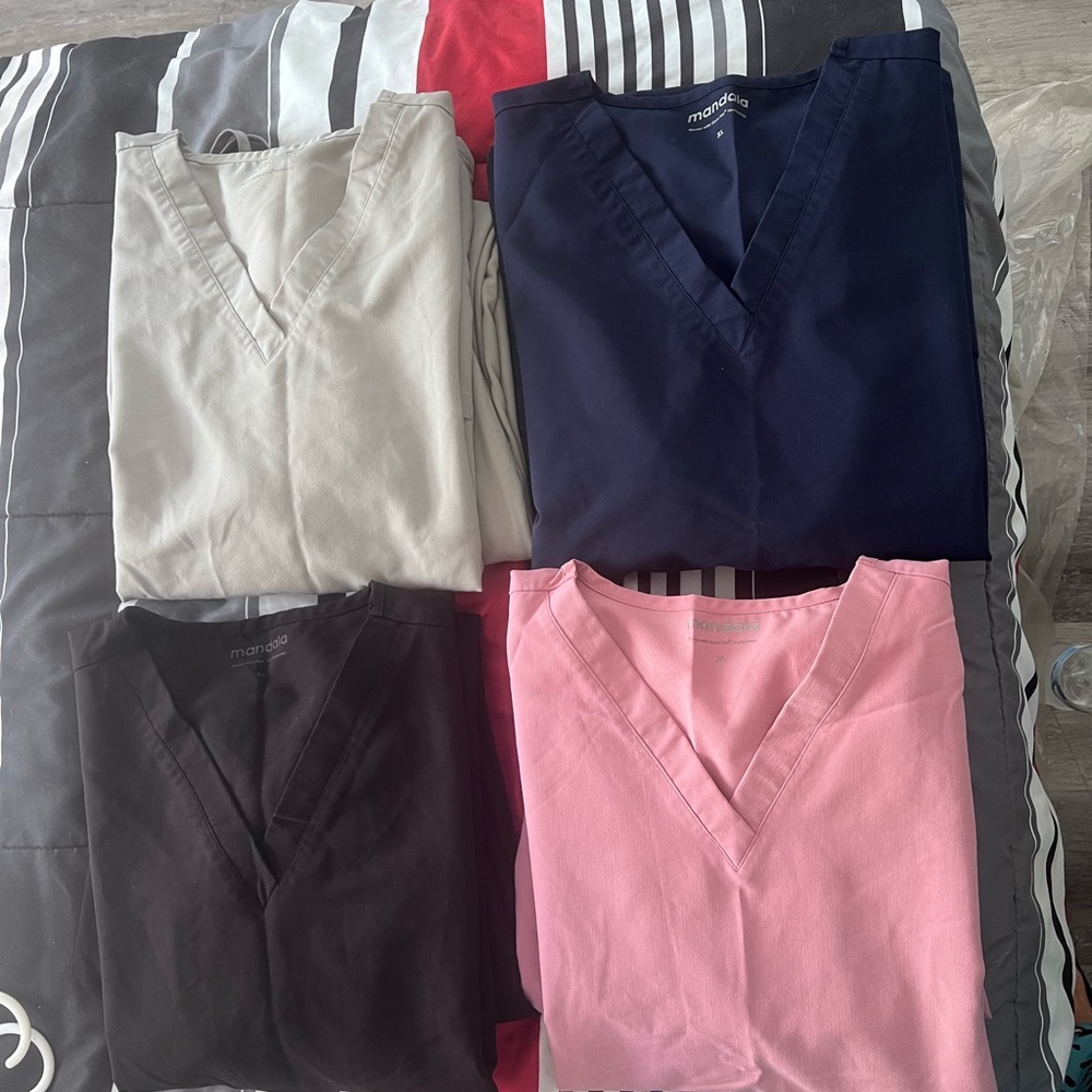 Mandala Scrubs Tops and Bottoms sets in Mauve, Navy, Black, and Pewter